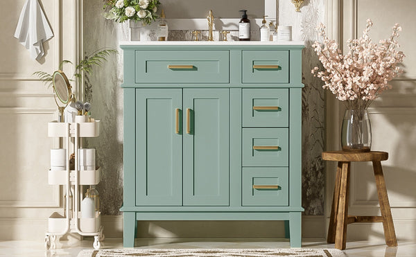 English Elm 30" Freestanding Bathroom Vanity Ceramic Sink Soft Close Cabinet Gray Wood Frame Light Green N729P427118F