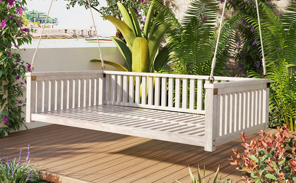English Elm Topmax Acacia Wood Porch Swing Bed Sloped Frame Outdoor Lounger for Backyard Patio White WF319383AAK