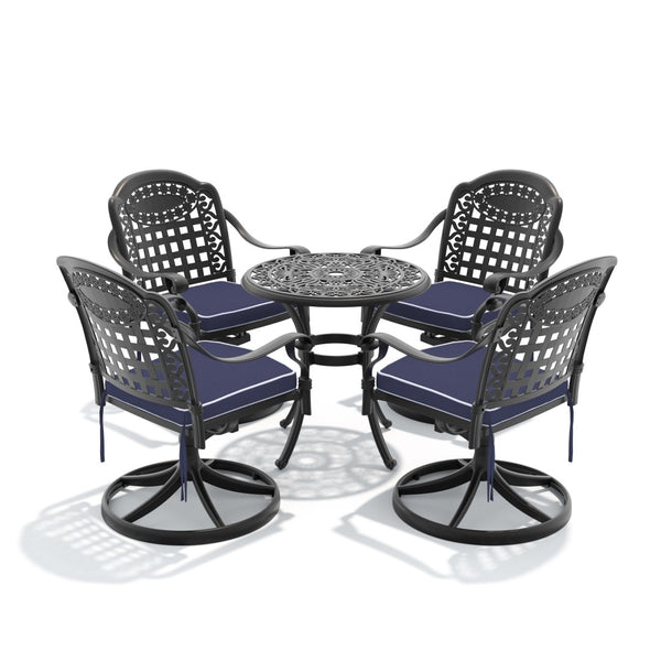 English Elm 5-piece Outdoor Cast Aluminum Bistro Set with Ornate Swivel Chairs and Round Patio Table W1710S00683