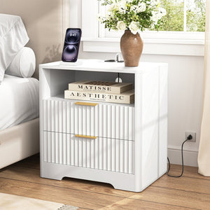 English Elm Nightstand with Usb Charging Ports Ac Outlet Night Light and Cabinet for Bedroom W1321P399421