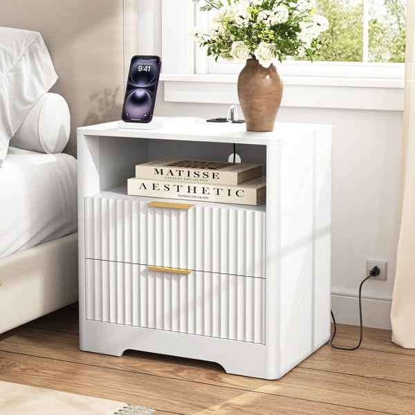 English Elm Nightstand with Usb Charging Ports Ac Outlet Night Light and Cabinet for Bedroom W1321P399421