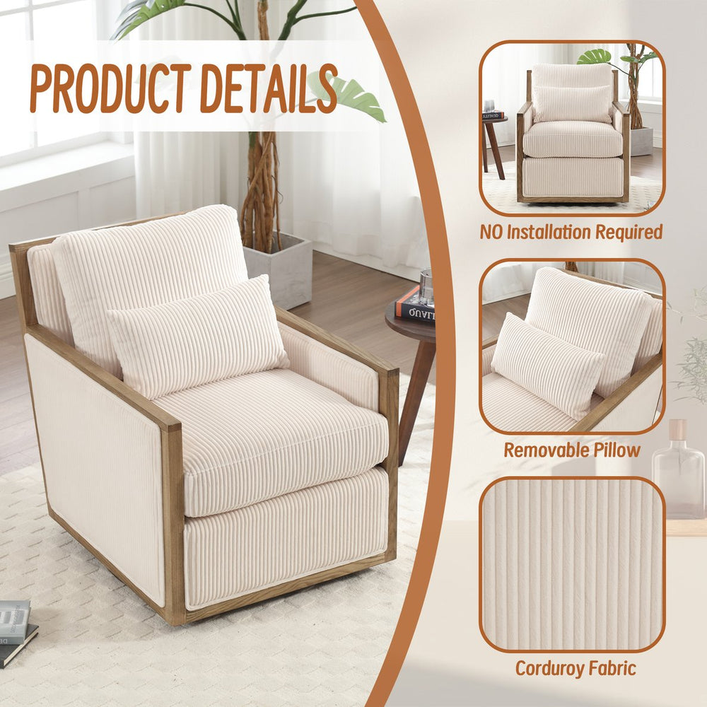English Elm Corduroy Swivel Barrel Chair with Plush Foam Cushion, 360° Metal Base, Durable Hardwood Frame, Cozy Sitting Experience Beige W395P209380