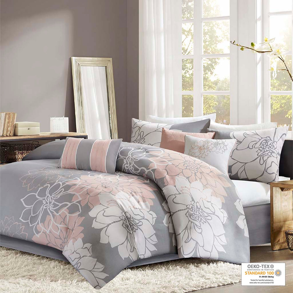 JLA Home Madison Park - Printed Cotton Sateen Comforter Set with Floral Embroidered Pillows, OEKO-TEX Certified, Soft Neutral Palette Grey/Peach MP10-5671