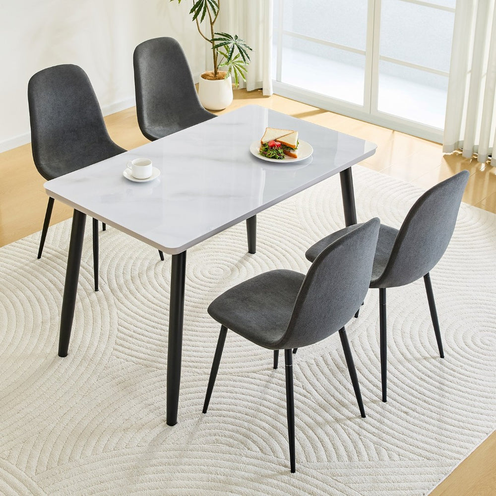 English Elm Table and Chair Set Marble Glass Top with Charcoal Linen Seats for Modern Dining W1151S04665
