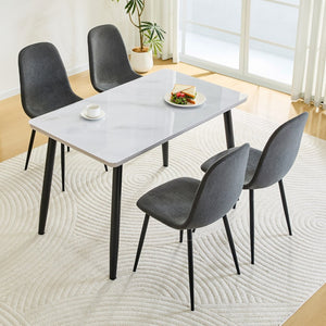 English Elm Table and Chair Set Marble Glass Top with Charcoal Linen Seats for Modern Dining W1151S04665