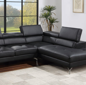 English Elm Black Bonded Leather Sectional 2-Pc Sofa Set with Adjustable Headrests, Plush Arms & Metal Legs B011S01200