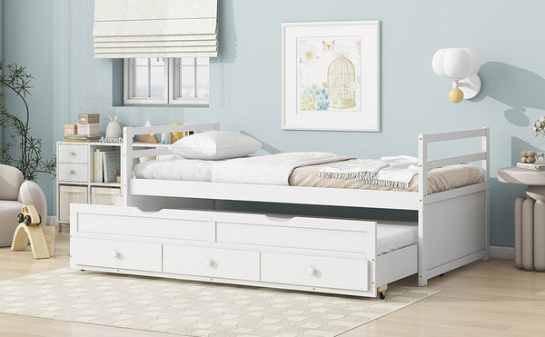 English Elm Twin Twin Size Bed with Trundle and Three Storage Drawers, Space-Saving Pine Frame with Classic Headboard White W504P197162