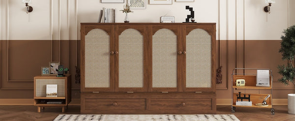 English Elm Queen Size Murphy Bed - Stylish Pine Wood Cabinet With Power Station & Rattan Panel For Space-Saving W504S00234-GIGA