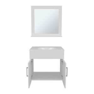 English Elm Bathroom Vanity Sink & Mirror Set White — Engineered Wood, Compact 2-Door Cabinet, Open Shelf Storage B097P369439