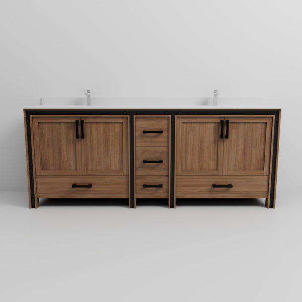 English Elm Rustic Barnwood Double Sink Bath Vanity with Marble Top and Soft Close Storage B2731P260673