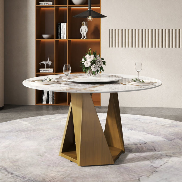 English Elm 53" Round Marble Dining Table With Bronze Base, Lazy Susan & Modern Design For 6 People, White W1535S00470