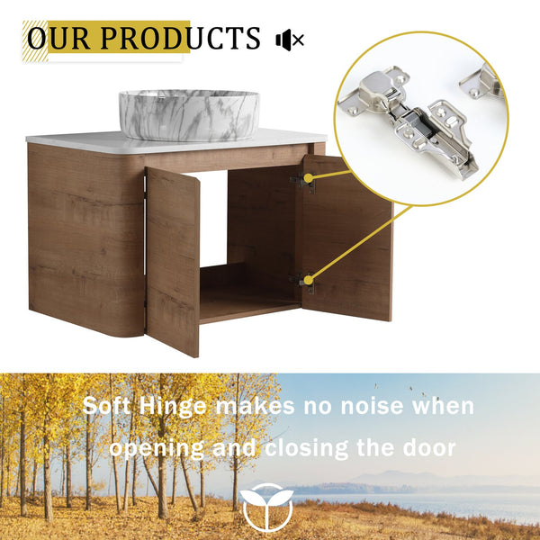 English Elm 30'' Wall-Mounted Bathroom Vanity With Elegant Ceramic Art Sink, Soft-Close Doors & Space-Saving Design W999S00390