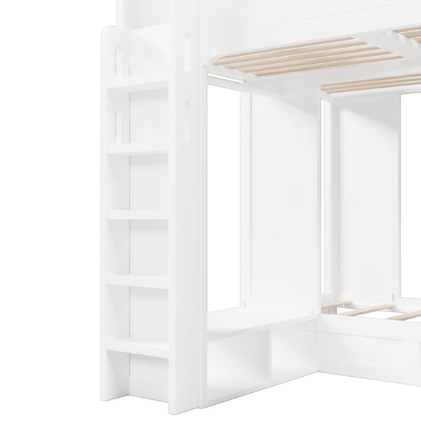 English Elm Triple Bunk Bed Wood Frame with Built in Shelves Hooks for Shared Kids Rooms White N7090004027K