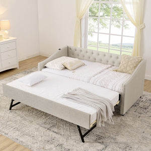 English Elm Twin Daybed with Pull Out Trundle Usb Charging Tufted Upholstered Sofa Guest Bed Beige W1413S00156