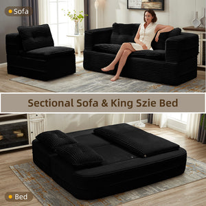 English Elm Multi Functional Sectional Sofa Bed Plush Corduroy Convertible 80" King Sleeper with Chaise, Deep Fluff Black W3219P339469