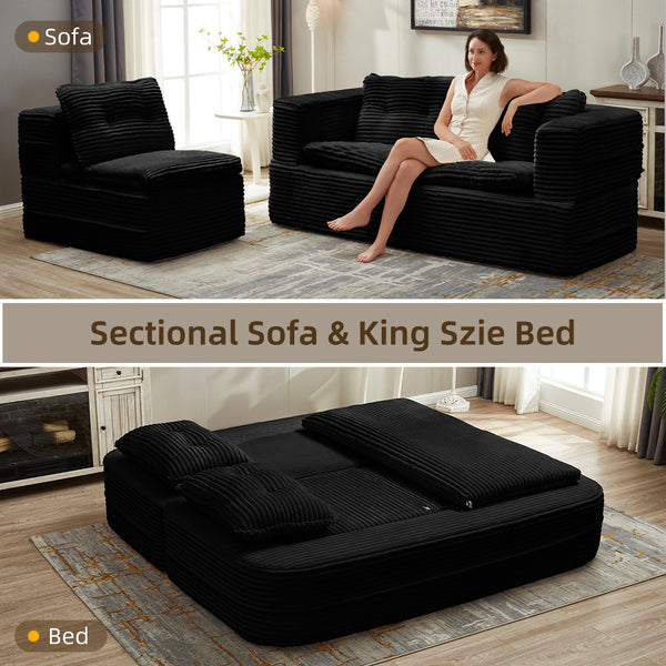 English Elm Multi Functional Sectional Sofa Bed Plush Corduroy Convertible 80" King Sleeper with Chaise, Deep Fluff Black W3219P339469