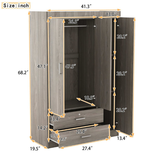 English Elm 3-door Wardrobe with Full Length Mirror Lockable Drawer and Bedroom Shelf Storage Gray LP006601AAE