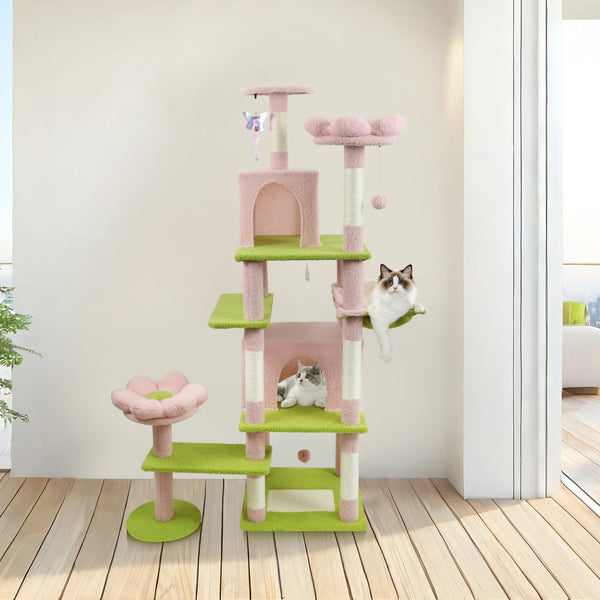 English Elm 71 Inch Floral Cat Tower with Condo Hammock Sisal Posts and Plush Perches for Large Breeds Pink W243P326627