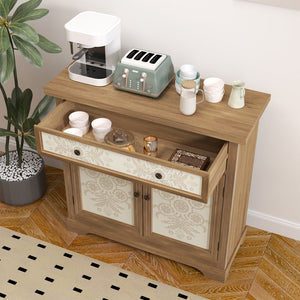 English Elm Rustic Boho Carved Accent Cabinet with Drawer & Removable Shelves, Distressed Sideboard Storage for Entryway W808P245579