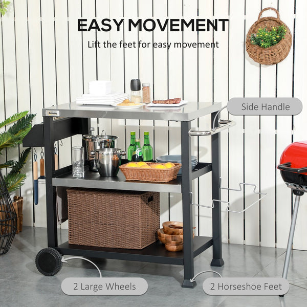 English Elm Outsunny Rolling Outdoor Kitchen Cart with Stainless Steel Top and Three Storage Shelves W2225P174292