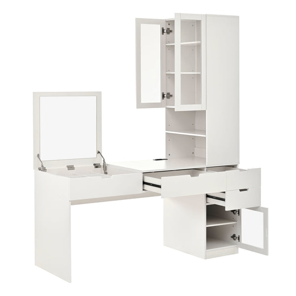 English Elm Versatile Makeup Vanity Desk with Mirror, Built-In Charging Station, 8 Hidden Storage Spaces, White N733S291664K