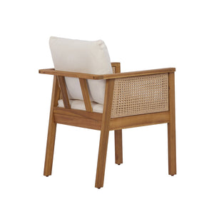 English Elm 7 Piece Acacia Wood Outdoor Dining Set Wicker Back Armchairs Teak Finish Patio N762P371718D_N762P403831T6