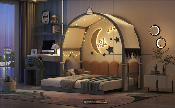 English Elm Twin Pinewood Ground-Level Canopy Bed with Arched Roof and Trundle for Kids—Whimsical, Sturdy Design Gray N820P181648E