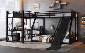 English Elm L-shaped Metal Triple Bunk Bed with Slide Desk and Storage for Shared Kids Rooms W1580S00568