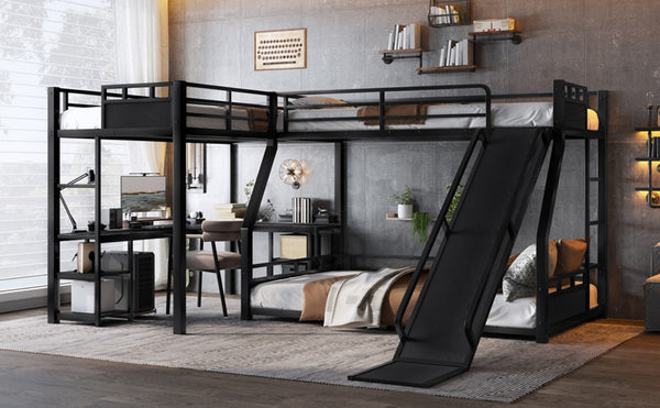 English Elm L-shaped Metal Triple Bunk Bed with Slide Desk and Storage for Shared Kids Rooms W1580S00568