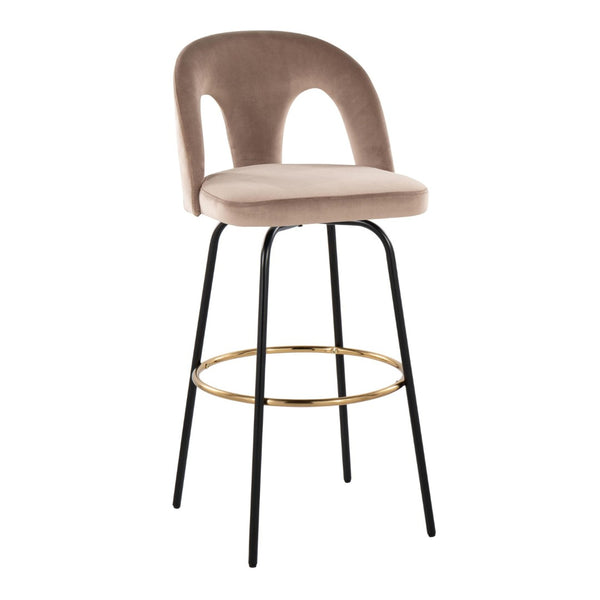 English Elm Fixed-height Swivel Barstools with Gold Footrest Black Frame White Upholstery Set Taupe B202S01885