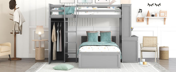 English Elm Twin Loft Bed System with Wardrobe Desk and Shelving for Kids Shared Bedroom Gray LT000820AAE-1