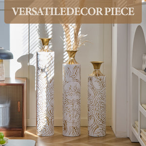 English Elm Floor Metal Vases Set Of 3 - Modern White & Gold Decorative Vases For Home Décor, 24In To 33.5In W2796P237518