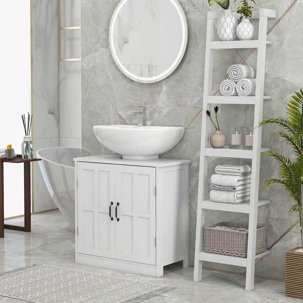 English Elm Bathroom Pedestal Sink Cabinet with U-Shaped Design, Adjustable Shelf, White Storage Solution W2225P173922
