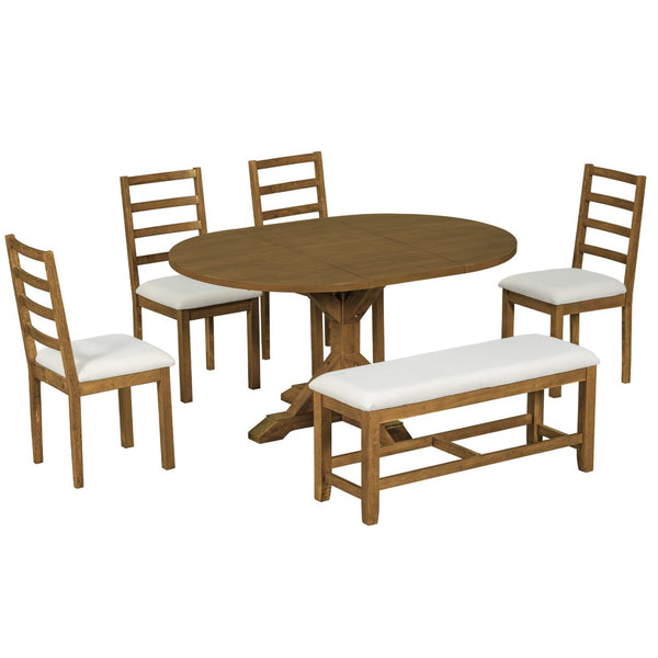 English Elm Topmax Farmhouse Extendable Pedestal Dining Set Seats Six with Ladder Back Chairs Beige,Dark Brown N717S000060D