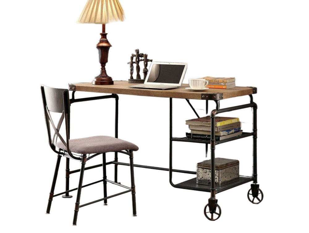 English Elm Industrial Desk with Rustic Replicated Wood Top, Metal Pipe Frame, Caster Wheel Accents, 47.25"W x 30.1"H Antique Black 52 L x 26 W x 9 H B2741P342770