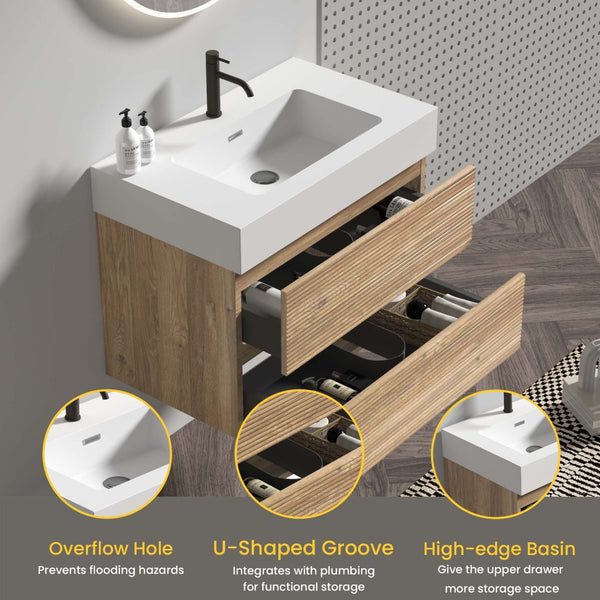 English Elm Alice Floating Bathroom Vanity Rosewood Finish Engineered Stone Basin Triple Drawer W1865S00116