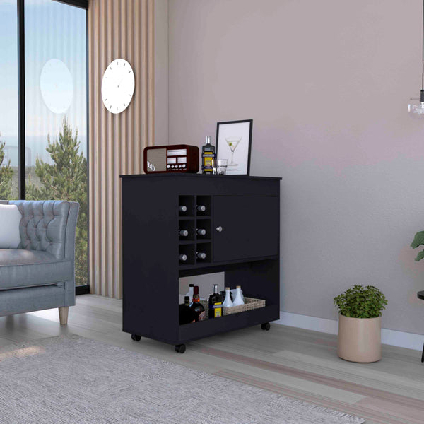 English Elm Camelia Elegant Bar Cart with Six Bottle Cubbies, Smooth Casters, Lower Shelf and Cabinet Storage Black 39.8 L x 23.6 W x 7.9 H B20092080