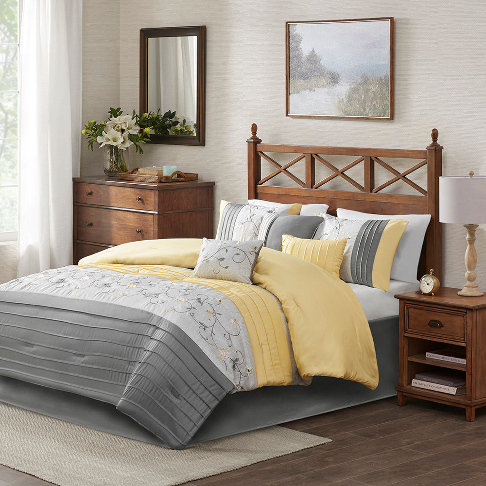 JLA Home Madison Park - Embroidered Serene 7 Piece Comforter Set in Yellow & Grey Faux-Silk with Floral Embroidery, Hotel-Worthy Layers MP10-4187