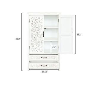 English Elm 27'' Rustic White Tall Tower Storage Cabinet with Carved Accent, Solid Wood Sideboard Drawer Pantry W2295P294585