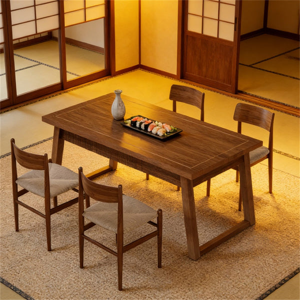 English Elm Rectangular Walnut Dining Table with Hidden Drawer and Tapered Solid Wood Legs Seats Six T3971P447210
