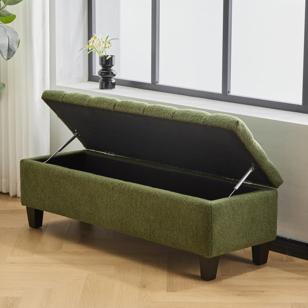 English Elm Ottoman Storage Bench Boucle Upholstered with Tufted Lid and Rubberwood Legs for Bedroom N779P369512G