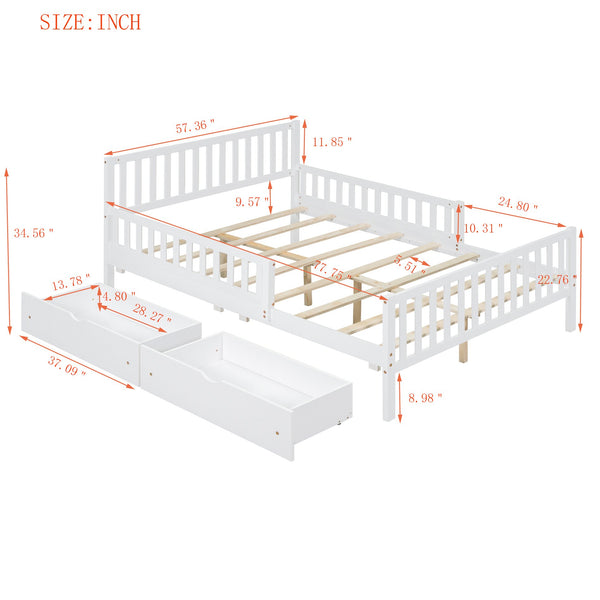 English Elm Full Wood Platform Bed with Headboard, Guardrails & Underbed Storage Drawers – Sturdy Pine Frame, 450LB Capacity White 78.25 L x 18.5 W x 6 H N733P172700K