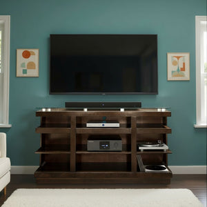 English Elm Novella Hardwood Media Console with Tempered Glass Top and Open Shelves for Living Room B108P481214