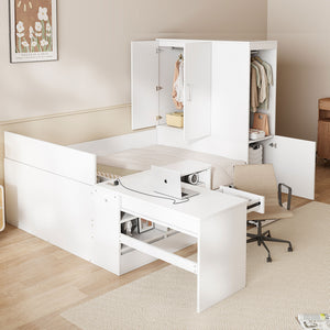 English Elm Full Size Wooden Platform Bed With Integrated Desk, 6 Drawers, Wardrobe & Modern Shelves, White Finish N820S00060K