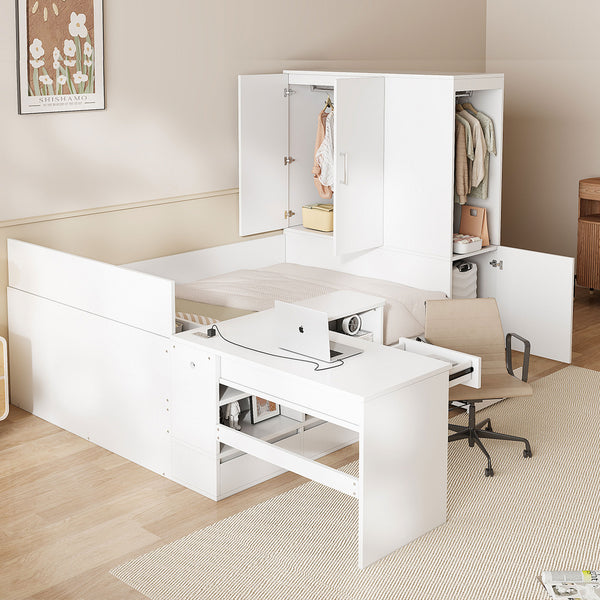 English Elm Full Size Wooden Platform Bed With Integrated Desk, 6 Drawers, Wardrobe & Modern Shelves, White Finish N820S00060K