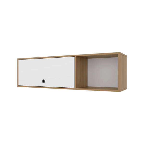 English Elm Natural Oak Wall-Mounted Cabinet with White Accents, 3 Open Shelves & Concealed Door Storage, Modern Rustic Appeal B062P290295