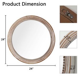 English Elm Rustic Round Wood Beaded Wall Mirror 23.6" Antique Natural Farmhouse Decor HD Glass Reflection W2295P246677