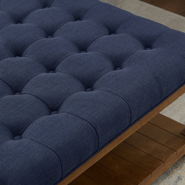 English Elm Large Square Tufted Ottoman with Wood Shelf Upholstered Footrest for Living Room Navy Blue W2186P204185