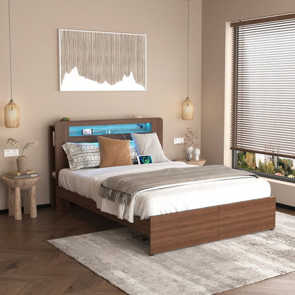 English Elm Wooden Queen Platform Bed Farmhouse Bookcase Headboard Led Storage Drawers Charging Hub W2129P390129