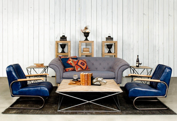 Sarreid Bel-air Arm Chair Blue - Luxe Chateau Leather, Stylish Bronze Accents, Rubber Wood & Jute Design Blue  29515